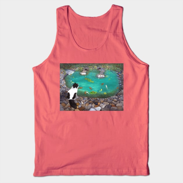 Tuxedo Cats at the Koi Pond Tank Top by KarenZukArt